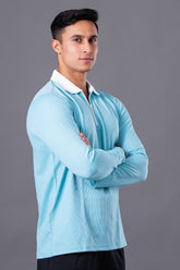 MINIMAL BUZZ  RADIANCE FULL SLEEVES ZIP POLO T-SHIRT - TURQUOISE BLUE